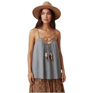 Rebecca Taylor Dusty Blue Strappy Feather Tassel Camisole Tank Top Size 0